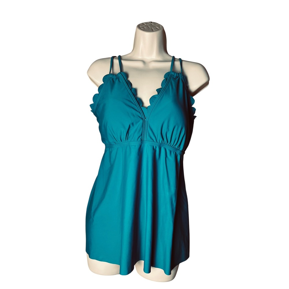 Charmo Tankini Top Womens Large Teal New Scalloped V-Neck UPF 50+ Swimwear